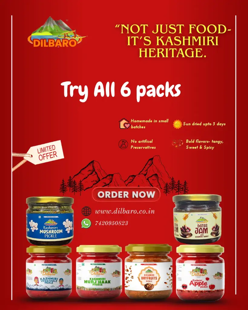 Dilbaro All-in-One Kashmiri Pickle & Jam Combo – 6-in-1 Pack (6 x 125g) | Dryfruits, Apple, Mushroom, Munj-Haak, Mix Veg Pickles & Dates Jam | Homemade | No Preservatives | No Added Sugar | Authentic Kashmiri Recipe