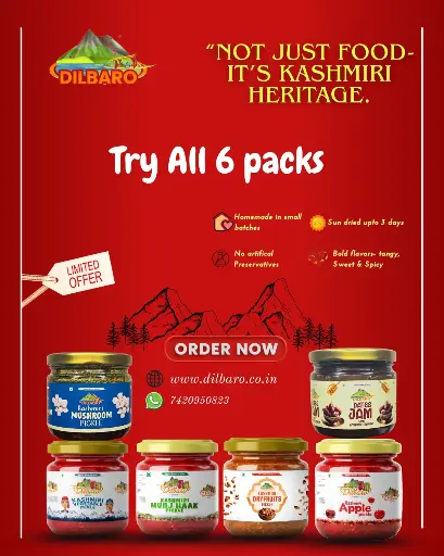 Dilbaro All-in-One Kashmiri Pickle & Jam Combo – 6-in-1 Pack (6 x 125g) | Dryfruits, Apple, Mushroom, Munj-Haak, Mix Veg Pickles & Dates Jam | Homemade | No Preservatives | No Added Sugar | Authentic Kashmiri Recipe